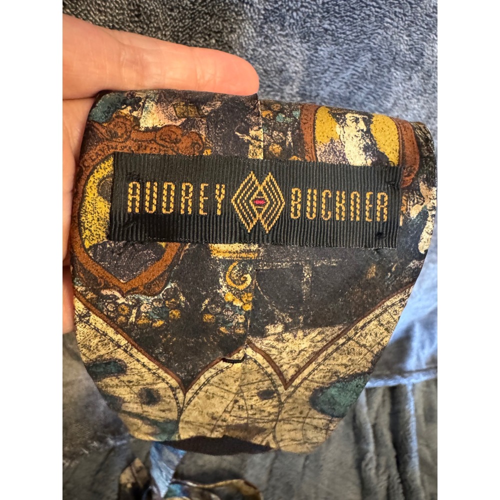 Audrey Buckner Mens Silk Tie Vintage World Map Cartography Hand Tailored Gold - Picture 2 of 3